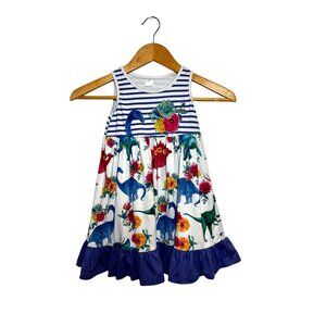 Penelope Plumm Girls Dinosaur Dress Size 4 | Floral Dino Striped Ruffle Hem Sund